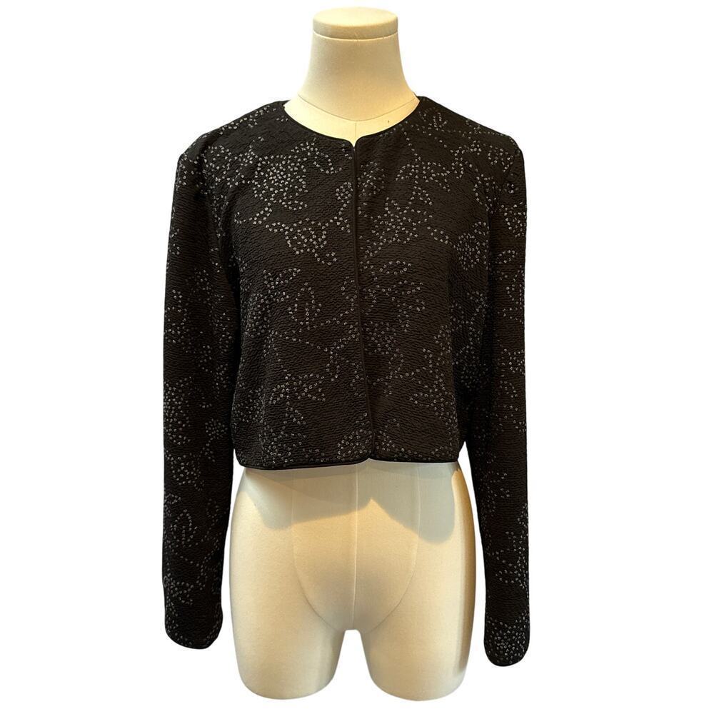 Women’s David Warren Black Floral Beaded Cropped Overcoat Sz L